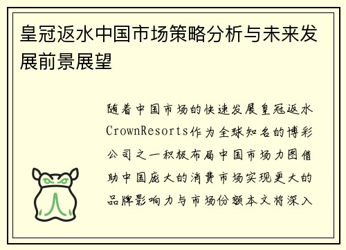 皇冠返水中国市场策略分析与未来发展前景展望